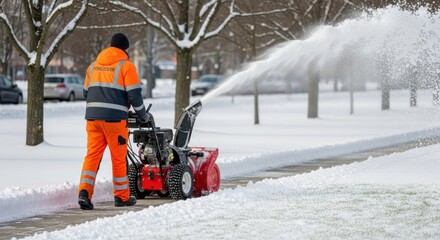 Winter maintenance with snow blower on urban sidewalk during snowstorm for safety and efficient clearing