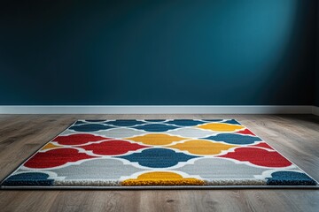 Vibrant patterned rug featuring red, yellow, blue, and grey shapes on a wooden floor, with a dark teal wall backdrop.