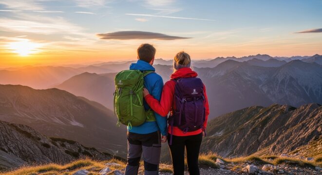 Adventurous couple hiking at mountain peak during sunset