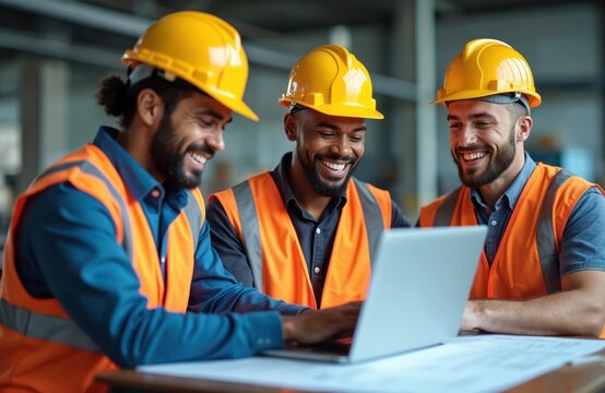 Multiethnic team of builders in hard hats use laptop on project. Male engineers discuss construction plan at factory. Happy industrial workers collaborate on building site, smiling working with