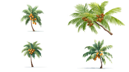 Realistic coconut palm tree illustrations with long fronds and clusters of ripe coconuts. Ideal for tropical themes, travel graphics, beach posters and exotic botanical artwork.