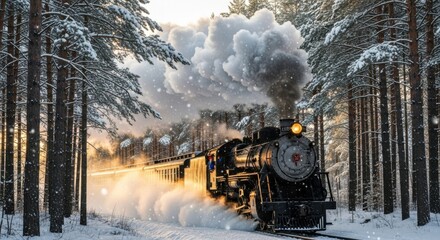 Winter steam train journey through snowy forest at sunset