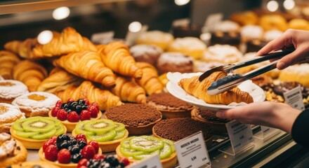 Delicious pastries selection in bakery display with croissants and fruit tarts for dessert lovers