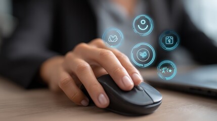 Professional interacts with glowing digital interface icons hovering above a physical pointing device