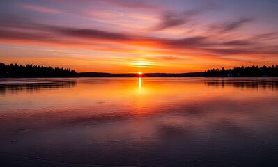 Obraz premium Serene Lake Sunset Reflections with Colorful Sky and Silhouette Forest