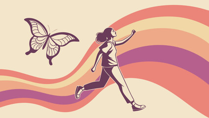 Woman running with a butterfly and rainbow in the background illustration
