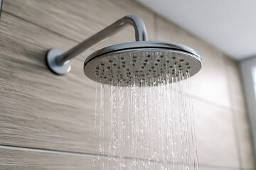 Modern round metal showerhead mounted on a tiled bathroom wall releasing a steady flow of water droplets during a refreshing shower session