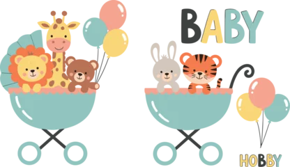 Fototapeten Zoo Baby animal stroller, cartoon zoo babies, cute balloon scene, playful nursery art, baby hobby design, vector illustration, colorful letters  © farzana