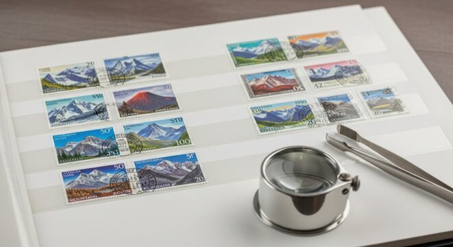 Vintage mountain postage stamp collection with magnifying glass and tweezers for hobby enthusiasts