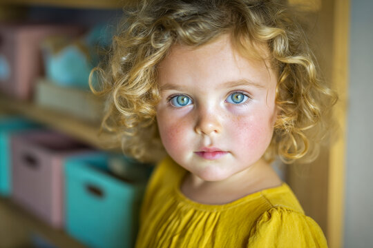 Portrait of a young girl with curly blonde hair and blue eyes wearing a mustard yellow dress standing indoors with a soft focused background of colorful storage bins - Powered by Adobe