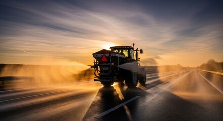 Fototapeta premium Dawn agricultural tractor spraying crops on highway with sunlight beams