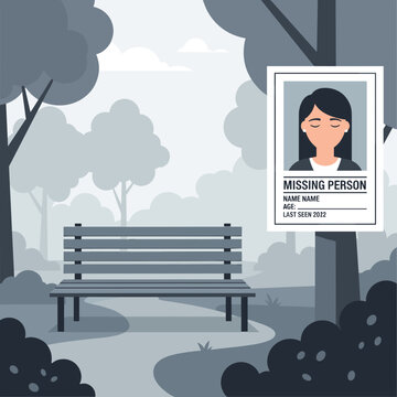 Missing person poster of woman on tree in empty park scene with copy space