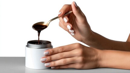 A woman's hand delicately scooping dark coffee from a white tin jar using a silver spoon against a pristine white background