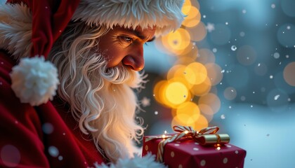 Close up portrait of Santa Claus looking down intently at a small polka dot wrapped Christmas gift box