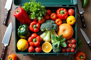 Kitchen Counter Display of Vibrant Fruits and Vegetables, Surrounded by Chef Knives and Cooking Utensils