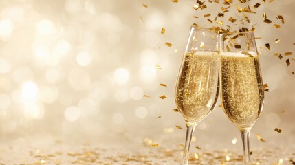 Champagne glasses with gold glitter on beige background.