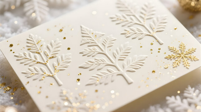  Warm ivory paper with refined embossed winter foliage silhouettes, tiny shimmering gold particles sprinkled in a soft gradient, minimal upscale Christmas look.