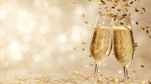 Champagne glasses with gold glitter on beige background.