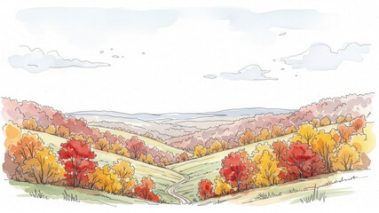 Watercolor Landscape of Autumn Hills with Road and Clouds