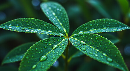 Close-up shot of vibrant green leaves glistening with fresh water droplets after a rain shower, highlighting intricate textures and natural beauty