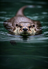 Captivating otter swimming gracefully through the water, looking directly at the camera with its adorable dark eyes