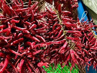Fototapeta premium Dried red chili peppers hanging at market in budapest