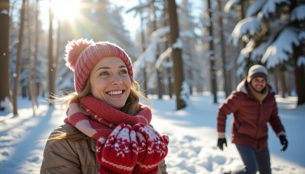 Smiling woman wearing red winter hat and mittens enjoys bright sunlight in snowy forest with man running