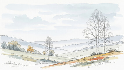 Watercolor Landscape with Bare Trees and Rolling Hills