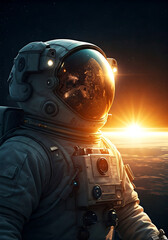 Stunning astronaut gazing at Earth sunrise from orbit, exploring space frontiers, futuristic exploration, space travel concept
