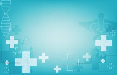 Medical healthcare background with DNA strands.Cross symbols and caduceus icon.Blue clinical technology template.