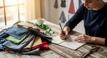 Fashion design inspiration with fabric swatches and sketching for creative clothing ideas