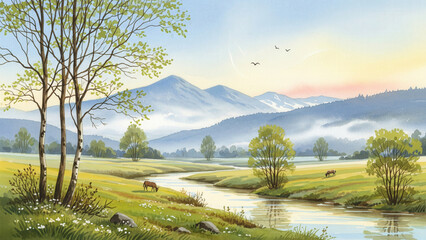 Watercolor Painting of River, Meadow, Mountains, and Animals