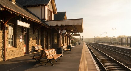 Tranquil morning at vintage railway station with empty platform and benches