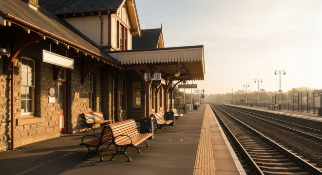 Tranquil morning at vintage railway station with empty platform and benches - Powered by Adobe