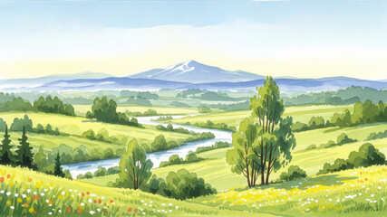 Watercolor Painting of River Valley with Mountain