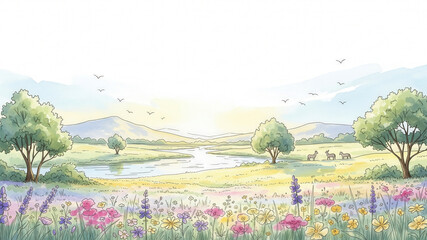 Watercolor Landscape with River, Flowers, and Animals
