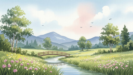 Watercolor Painting of Landscape with Stream, Bridge, and Mountains