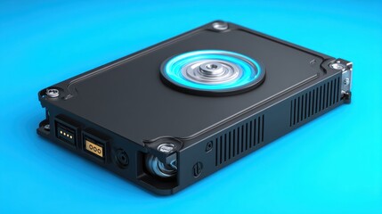 Fototapeta premium Close up 3d render of a black hard drive with glowing blue light on a solid blue background studio shot.