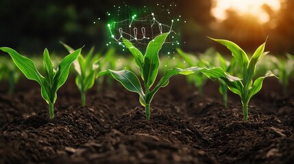 Innovative Digital Farming: A Young Corn Plant Thrives with Advanced Holographic Interfaces for Nutrient Management and Growth Tracking in Soil