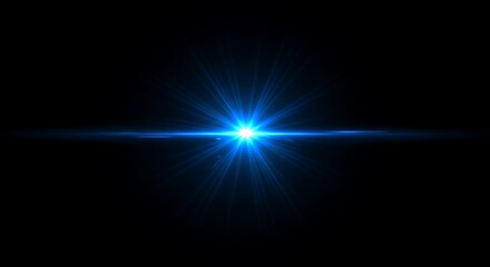A horizontal blue lens flare with a bright central starburst illuminates the darkness, creating a powerful and dynamic visual effect with radiating light