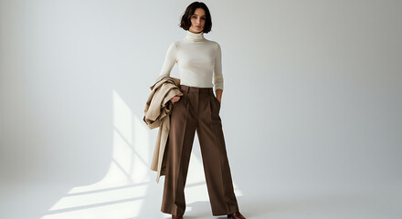 Elegant Woman in Stylish Outfit Posing Gracefully in a Studio Environment