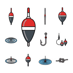 Fishing tackle and equipment icon set with floats and hooks.