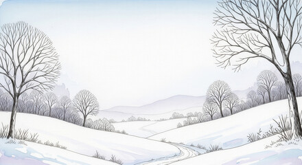 Watercolor Landscape with Snow and Bare Trees