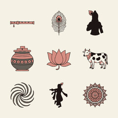 Lord Krishna religious symbols and icons collection vector illustration.