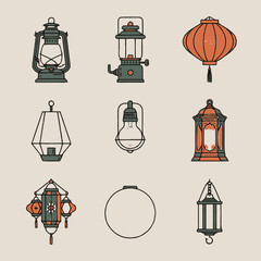 Diverse collection of vintage and modern lantern vector illustrations.