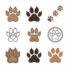 A diverse collection of animal paw print icons and symbols in various styles.