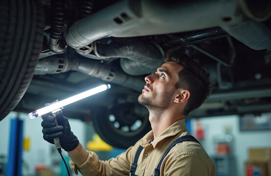 Young male mechanic uses inspection lamp to check car undercarriage at auto repair shop. Technician examines vehicle parts, works with auto tools for car maintenance, service. Focused professional