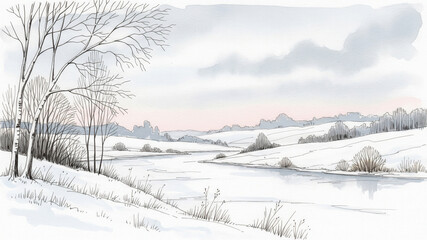 Winter Landscape with Bare Trees and Frozen River, Watercolor and Ink.