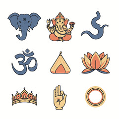 Set of colorful Indian religious and cultural symbols and icons.