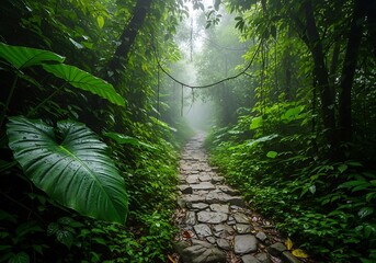 A stone pathway winds through a dense, misty rainforest, surrounded by vibrant green foliage and large tropical leaves, creating a mystical atmosphere